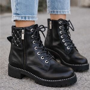 Vince Camuto Black Quilted Combat Boots with Stud Trim